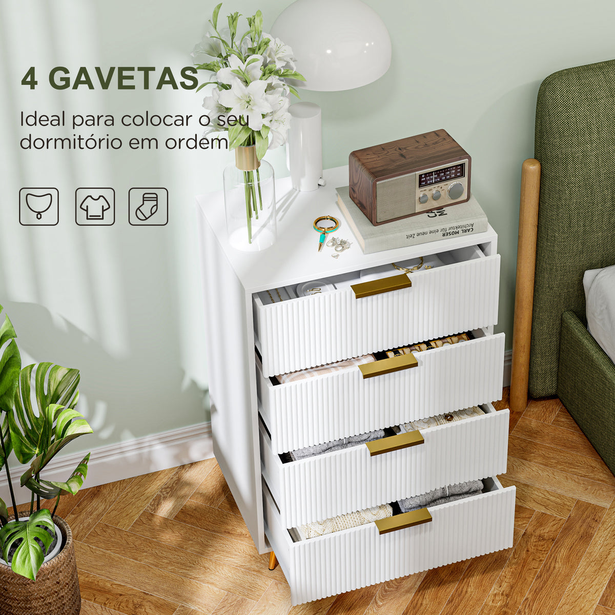 Cómoda com 4 Gavetas Cómoda de Dormitório Moderna com Desenho Ondulado Anti-Tombo Cómoda para Sala de Estar Corredor 60x40x90 cm Branco — foto 4