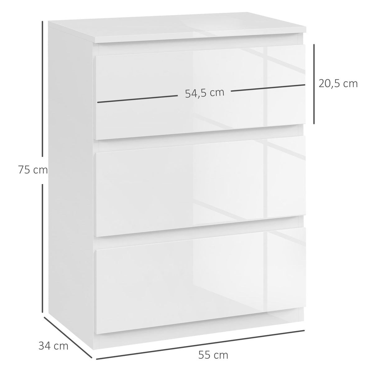 Cómoda com 3 Gavetas de Madeira Cómoda de Dormitório Cómoda Branca para Sala de Estar Estilo Moderno 55x34x75 cm Branco Brilhante — foto 3