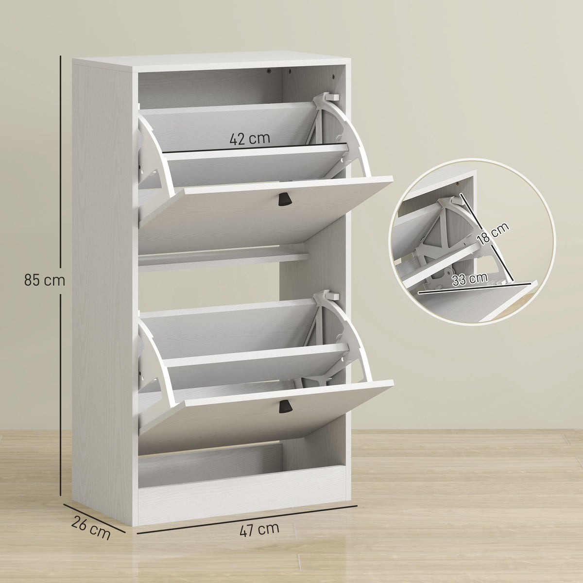 Sapateira Estreita Móvel Sapateira de Entrada com 2 Gavetas Abatíveis e Prateleiras Ajustáveis para 8 Pares de Sapatos Armário para Sapatos para Corredor 47x26x85 cm Branco — foto 3