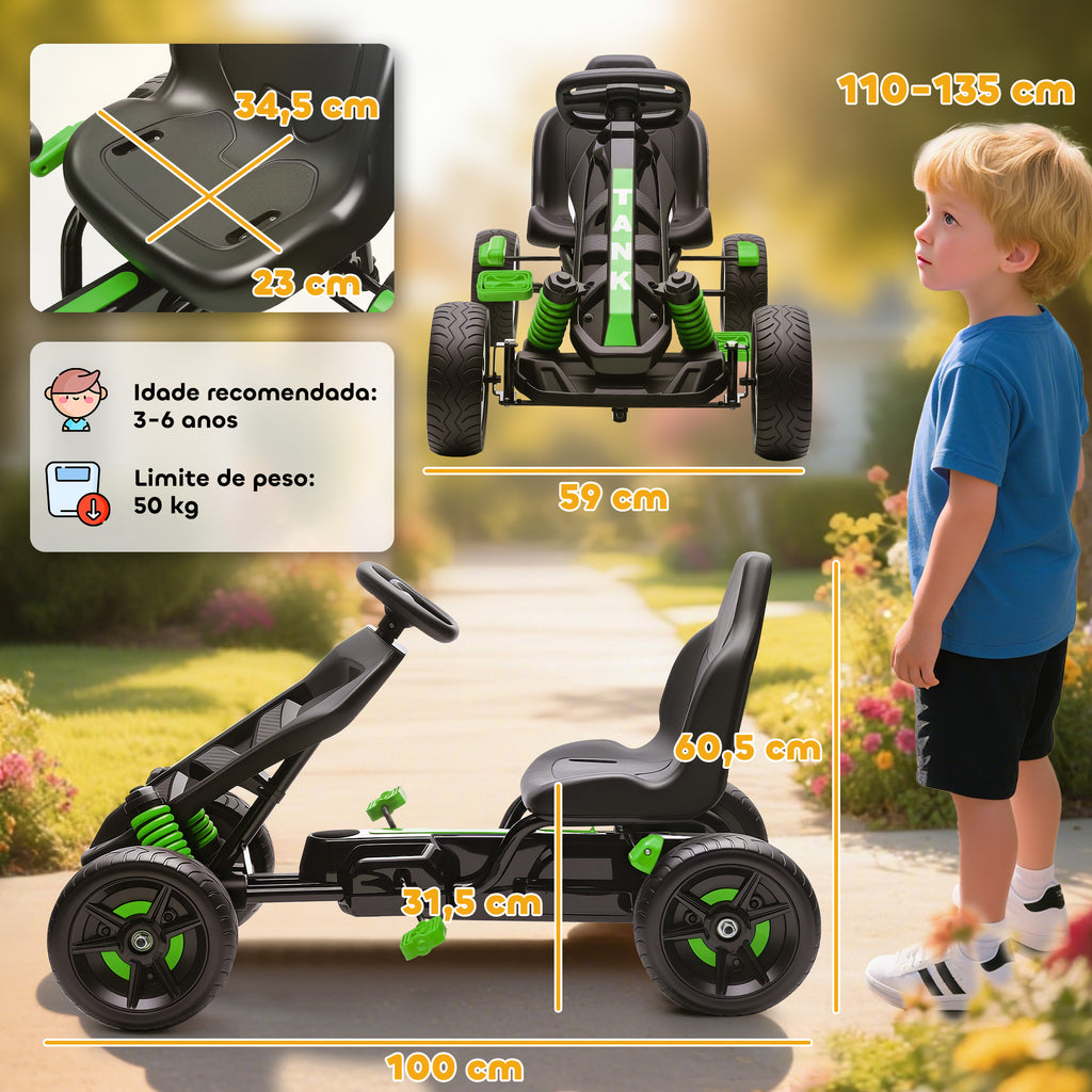 Kart a Pedais para Crianças a Partir dos 3 Anos Kart com Embraiagem Automática Travão Rodas Antiderrapantes em EVA e Estrutura Metálica Carga 50 kg 100x59x60,5 cm Verde — foto 3
