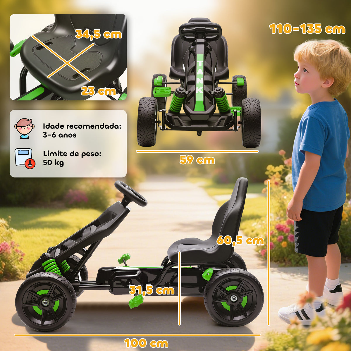 Kart a Pedais para Crianças a Partir dos 3 Anos Kart com Embraiagem Automática Travão Rodas Antiderrapantes em EVA e Estrutura Metálica Carga 50 kg 100x59x60,5 cm Verde — foto 3