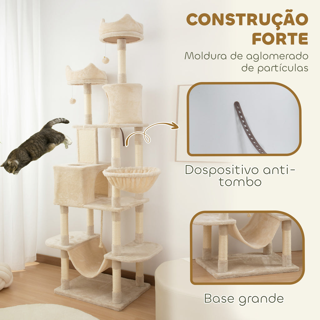 Arranhador para Gatos Grande Altura 173 cm Arranhador para Gatos Torre para Gatos com Plataformas Caverna Bolas Suspensa e Rede Bege — foto 5