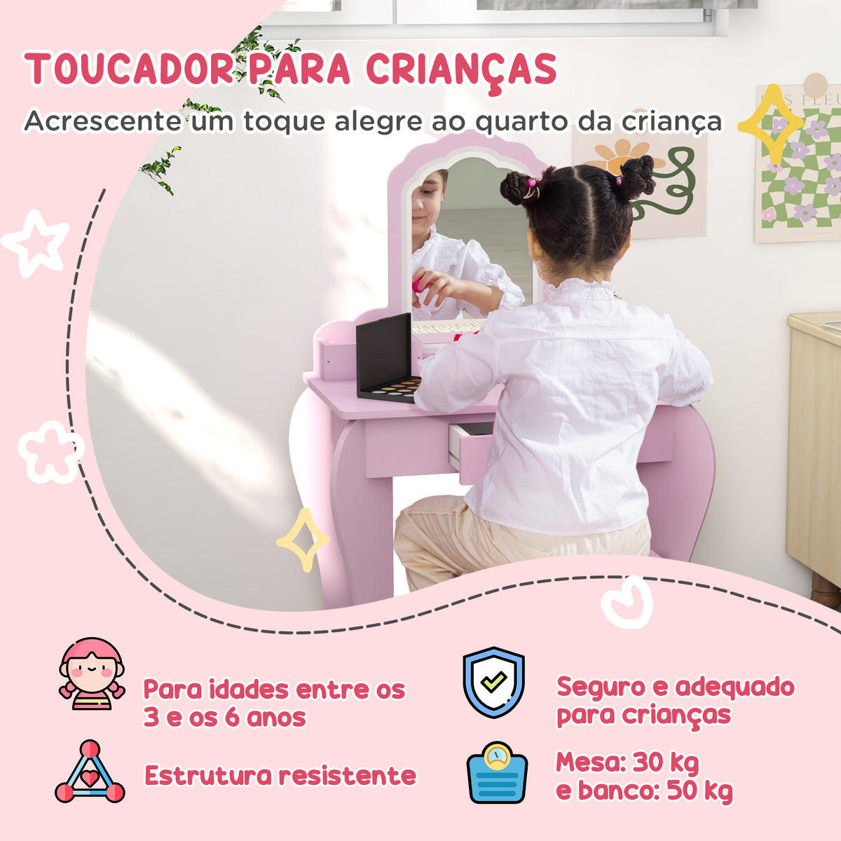 Toucador Infantil para Meninas e Meninos acima de 3 Anos Toucador de Maquilhagem com Banco e Espelho Toucador para Meninas com Gaveta e Caixas de Arrumação em Forma de Nuvem Rosa — foto 4
