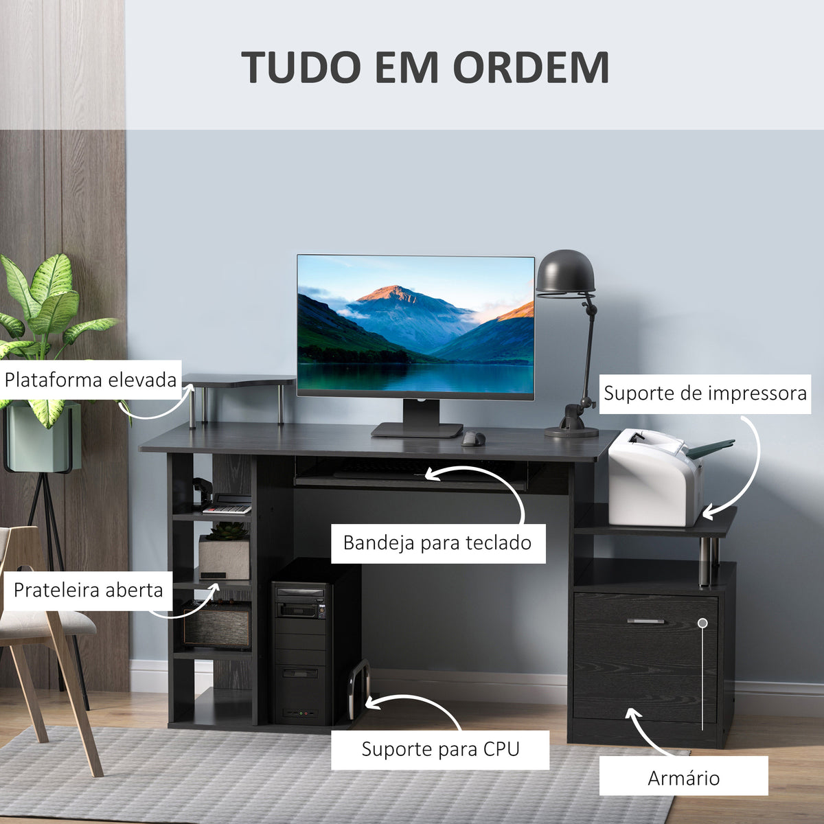 Secretária para Computador Secretária para Escritório – Cor: Preto - Madeira MDF - 152 x 60 x 88 cm — foto 4