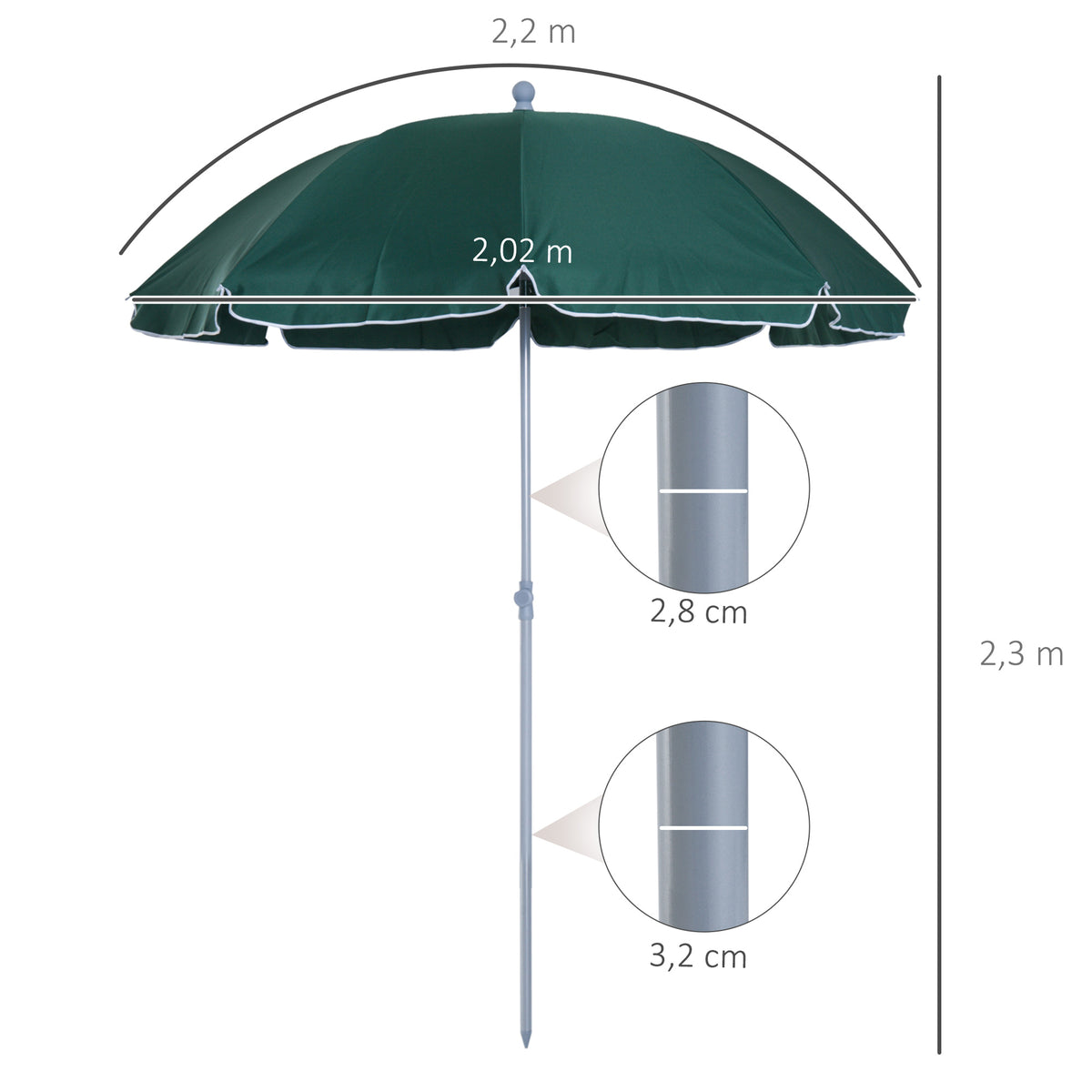 Chapéu de Sol de Praia Ø202 cm Chapéu de Sol com Toldo Inclinável Mastro Desmontável e Base Pontiaguda para Jardim Verde — foto 3