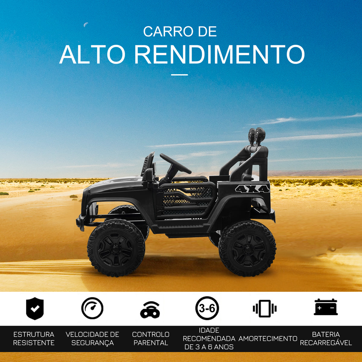 Carro Elétrico para Crianças a partir dos 3 Anos Veículo Todo-o-Terreno com Bateria de 12V 2 Motores Controlo Remoto 2,4G Faróis Buzina Velocidade Ajustável Suporta 30 kg 100x65x72 cm Preto — foto 4