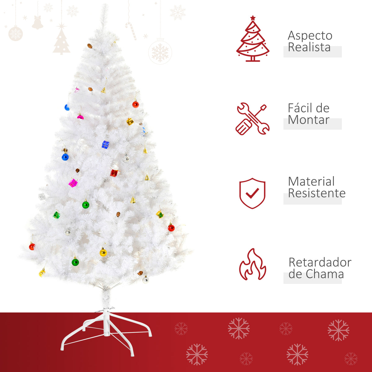 Árvore de Natal Artificial 180cm com 930 Ramos de PVC 48 Decorações Incluidas Suporte Metálico Decoração de Natal para Interiores Ø105x180cm Branco — foto 4