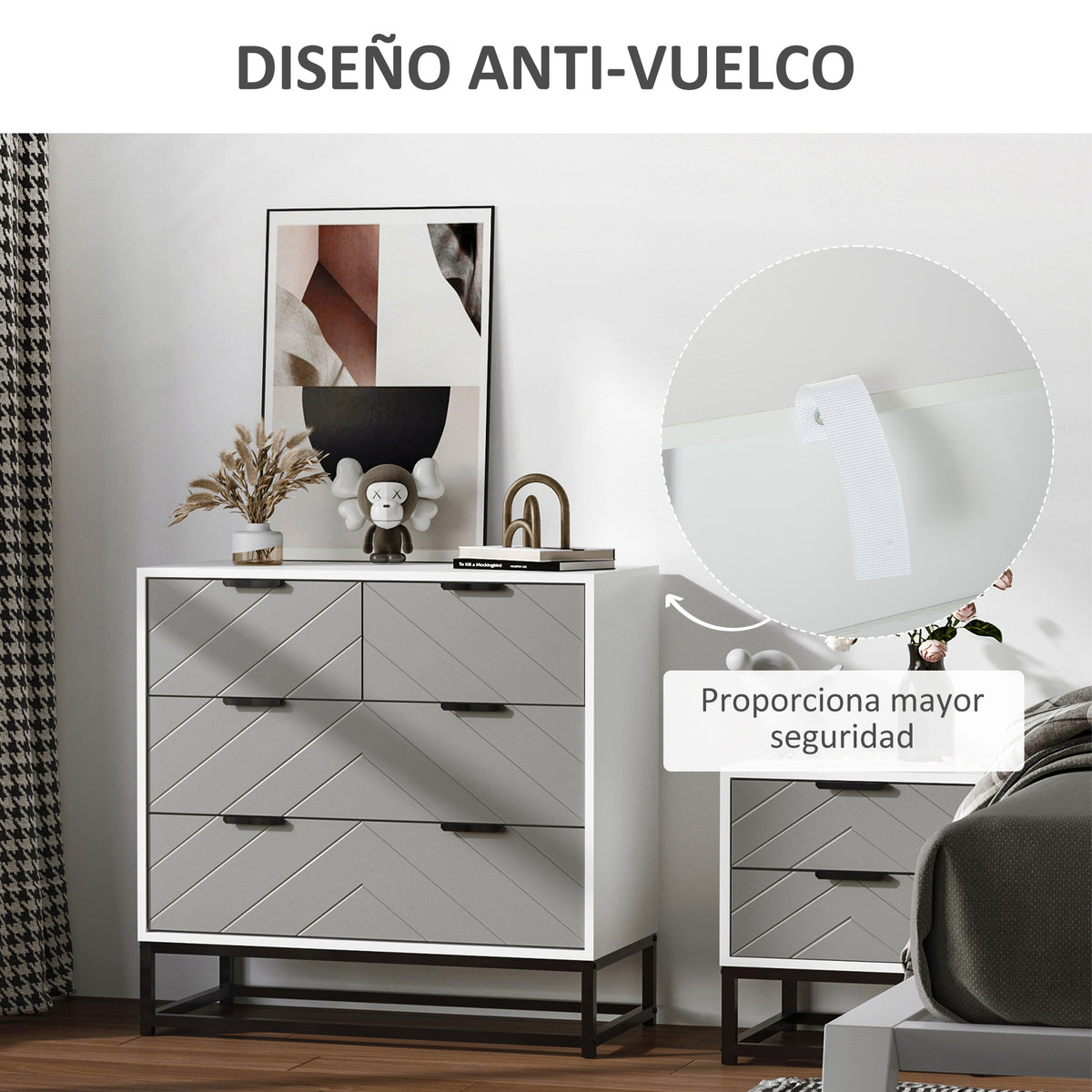 Cômoda de cabeceira com 4 gavetas com base elevada e desenho anti derrapante 80x40x79 cm Branco Cinzento e Preto — foto 6