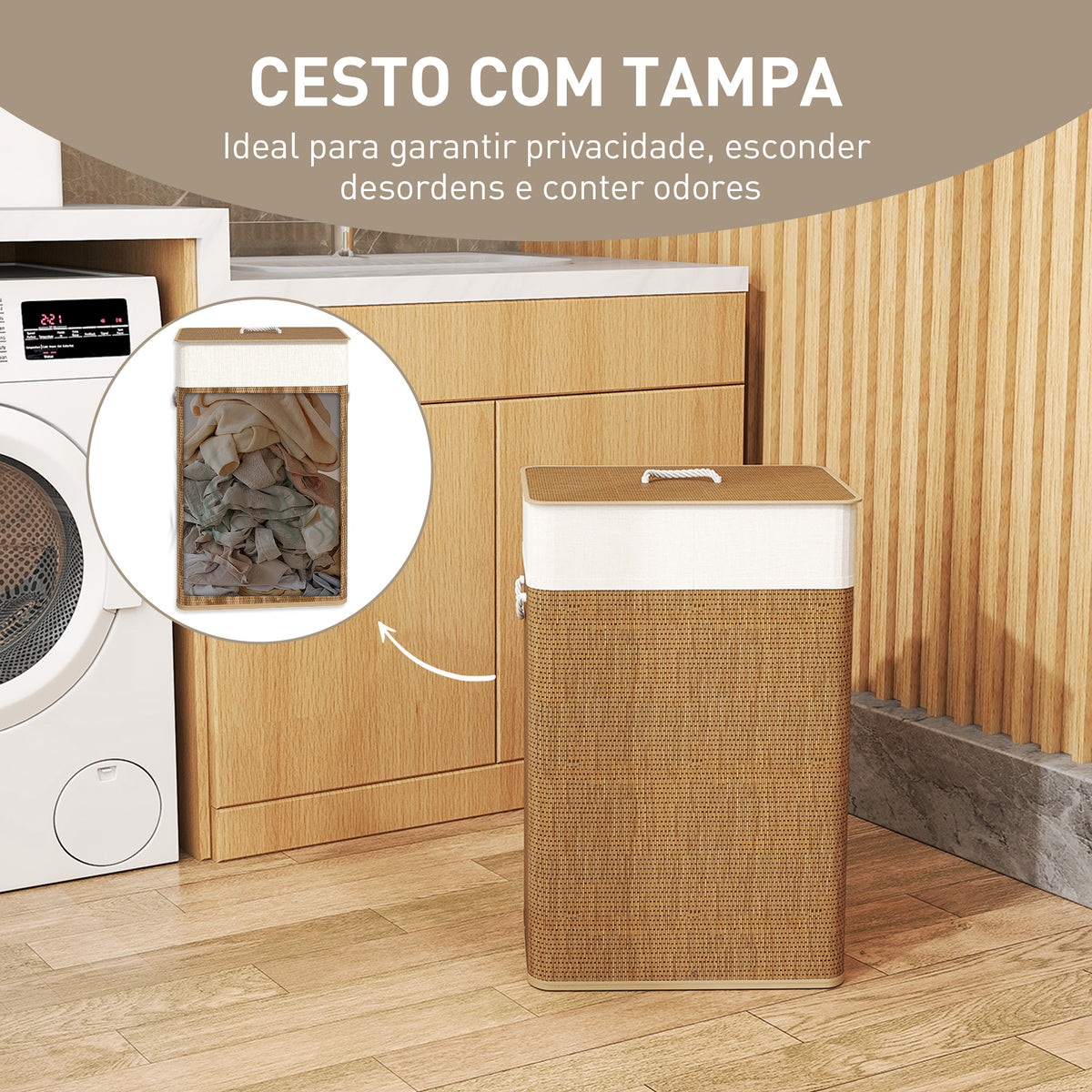 Cesto de Roupa com Tampa 72L Cesto de Roupa de Bambu com Bolsa Interior Removível e Alças para Lavandaria Dormitório 40x30x60 cm Madeira e Creme — foto 5