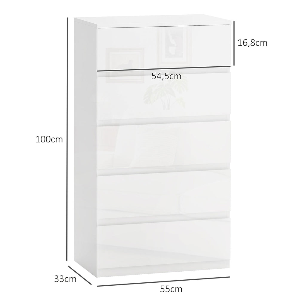 Cómoda com 5 Gavetas de Madeira Cómoda de Dormitório Cómoda Branca para Sala de Estar Estilo Moderno 55x33x100 cm Branco Brilhante — foto 3