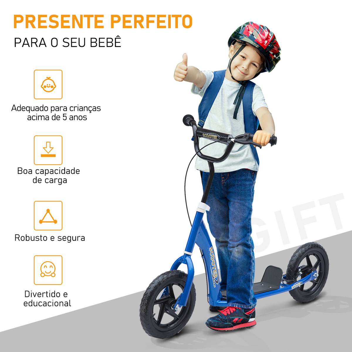 Trotinete com 2 Rodas de 12 Polegadas Trotinete para Crianças com Guiador Ajustável Freio e Cavalete Carga Máxima 100kg 120x52x80-88cm Azul — foto 4