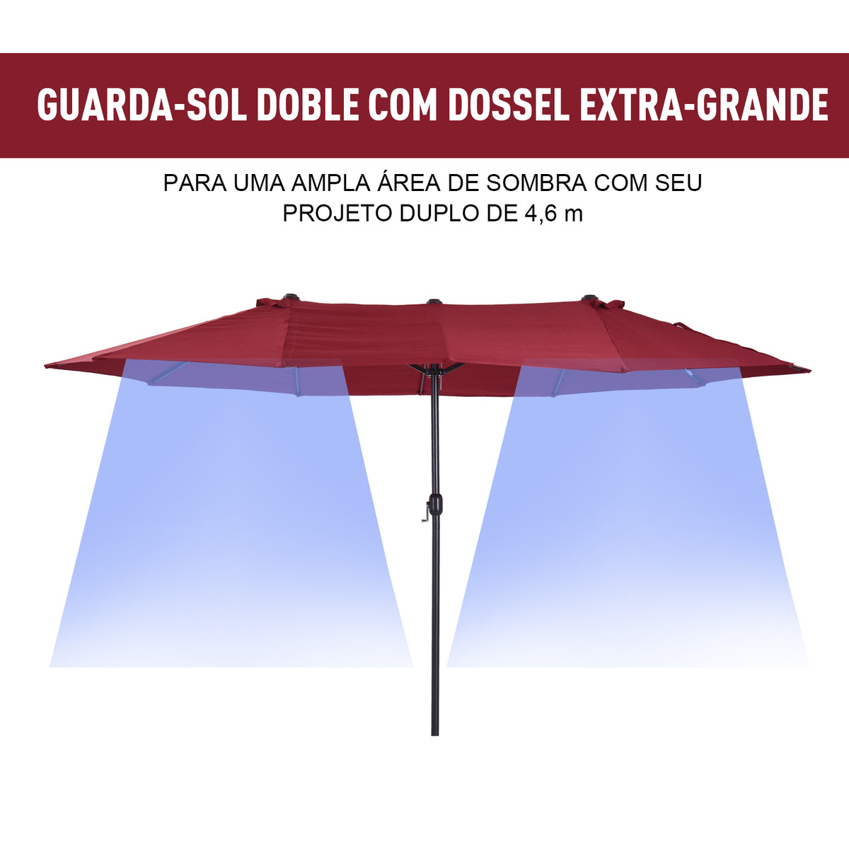 Chapéu de Sol Duplo 4,55x2,65x2,38 m Chapéu de Sol de Jardim com Manivela Manual Resistente à Água e com Proteção Solar UV para Terraço Pátio Vinho — foto 4