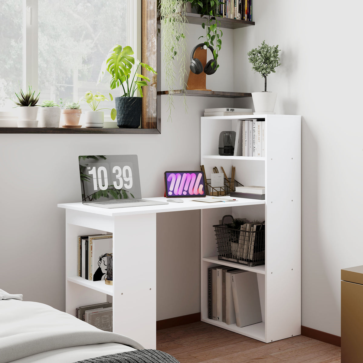 Secretária Mesa de Escritório Mesa de Computador, 2 Estantes, 5 Prateleiras, 120 cm x 55 cm x 120 cm, Branco — imagem 3
