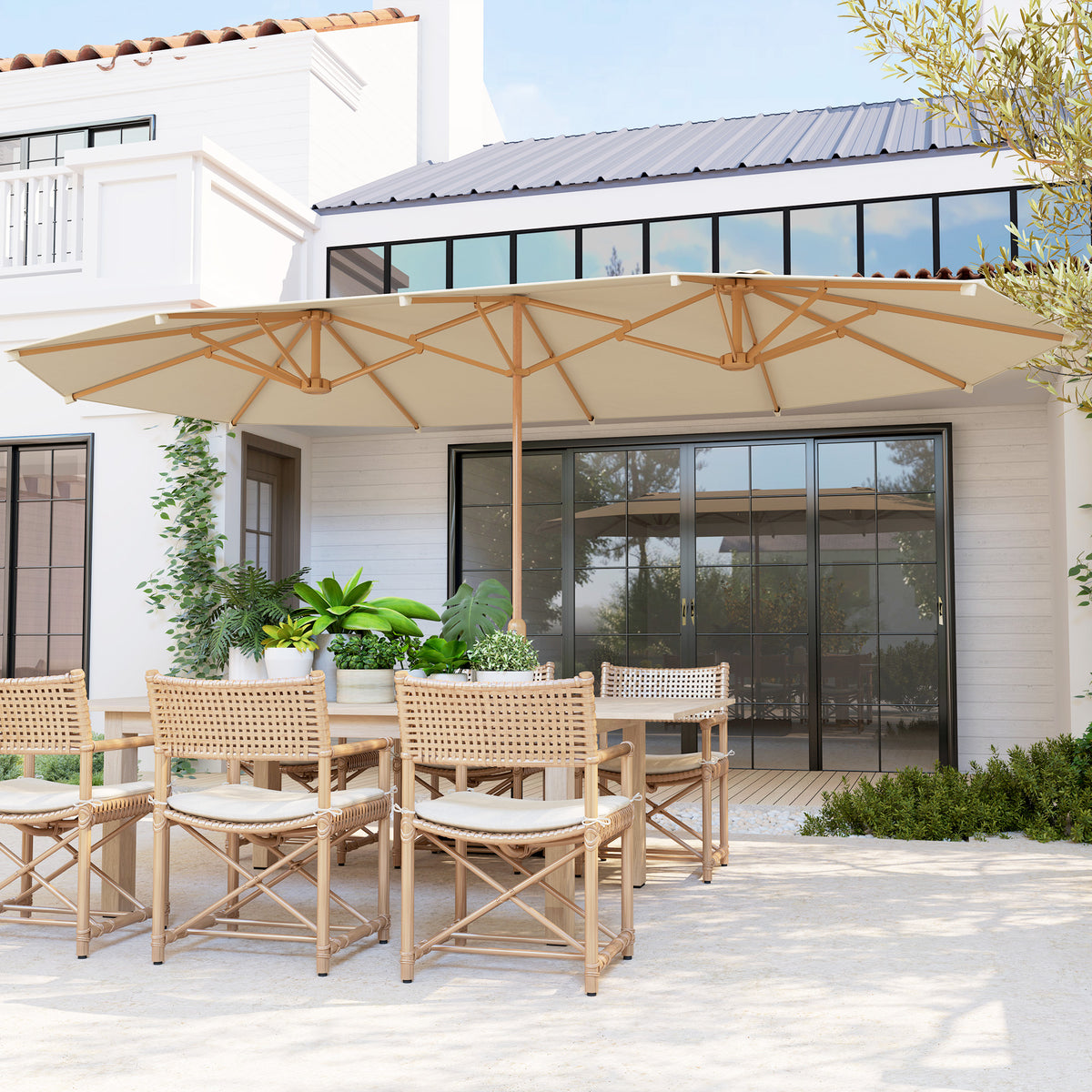 Chapéu de Sol Duplo 4,55x2,65 m Chapéu de Sol de Exterior com Manivela Manual Resistente e com Proteção Solar Chapéu de Sol Grande para Jardim Piscina Creme — foto 2
