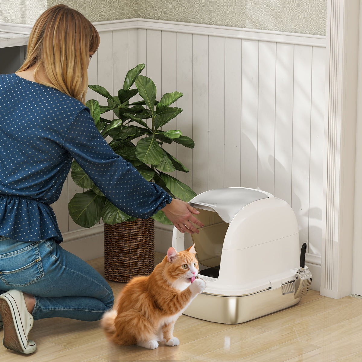 Caixa de Areia para Gatos em Aço Inoxidável XL Caixa de Areia para Gatos Grandes com Tampa Abatível Laterais Alta Entrada Superior Pá sem Odores Fácil de Limpar Antifugas 52,4x41,3x42 cm Branco — foto 2