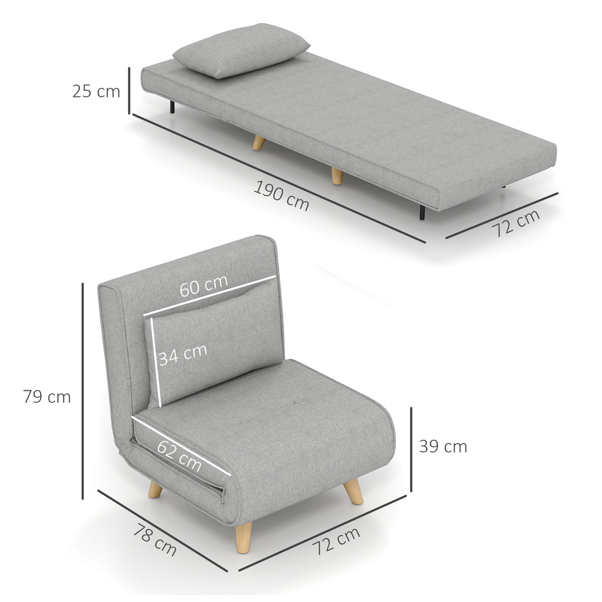 Poltrona 2 em 1 Sofá Cama Individual Dobrável com Encosto Ajustável e Almofada para Sala de Estar Dormitório Escritório Carga 150 kg 72x78x79 cm Cinza — foto 3
