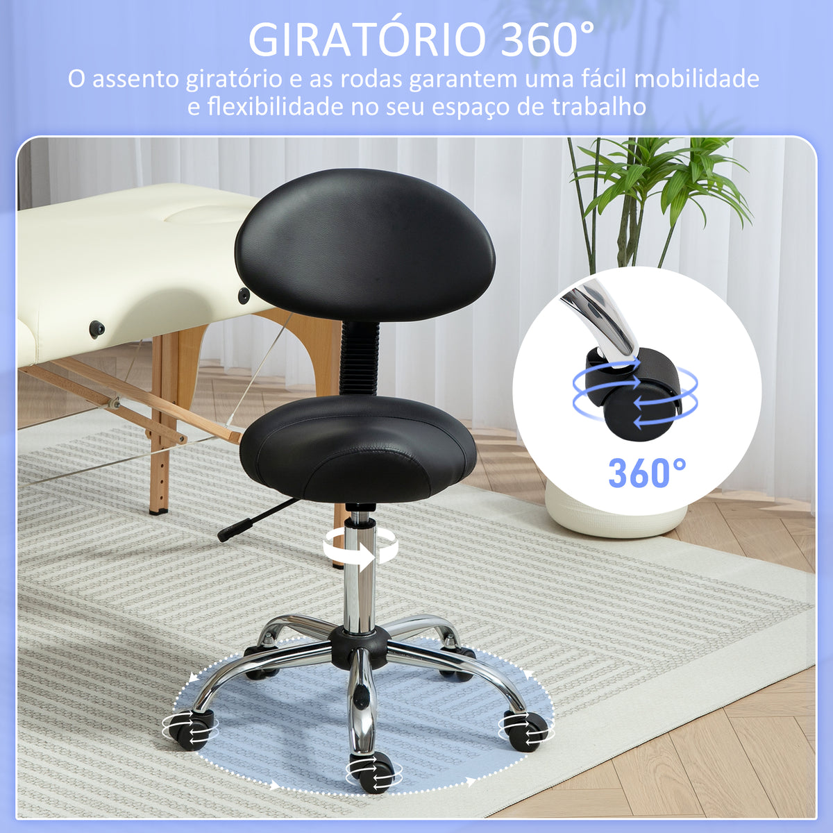 Banco Giratório Banco com Rodas e Encosto Amovível Banco de Trabalho com Altura Regulável 83-98 cm Assento Estofado em Couro Sintético Preto — foto 5