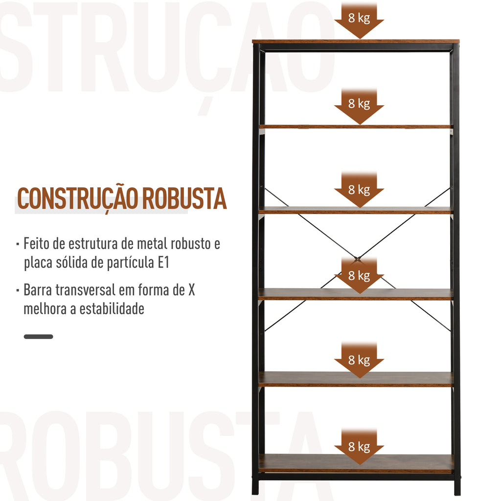 Estantes de estilo industrial com 6 prateleiras abertas para livros Armazenamento da sala de estar Escritório 80x30x180 cm Castanho Rústico — foto 7