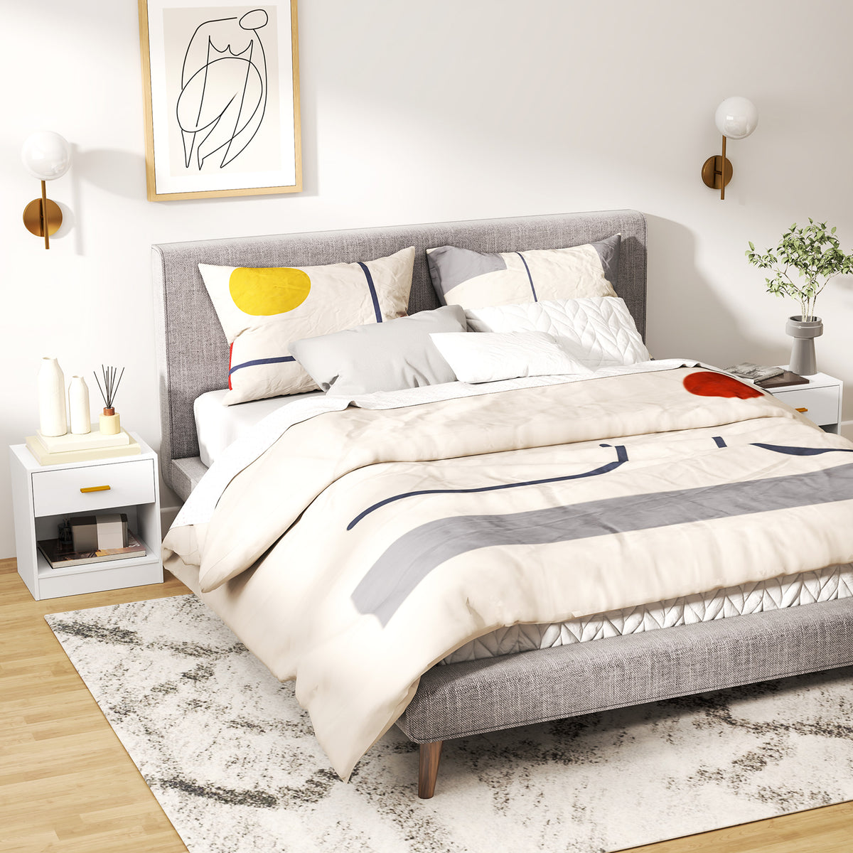 Conjunto com 2 Mesas de Cabeceira Mesa de Noite com 2 Gavetas e Prateleiras Abertas Estilo Moderno 39x28x41 cm Branco — imagem 3