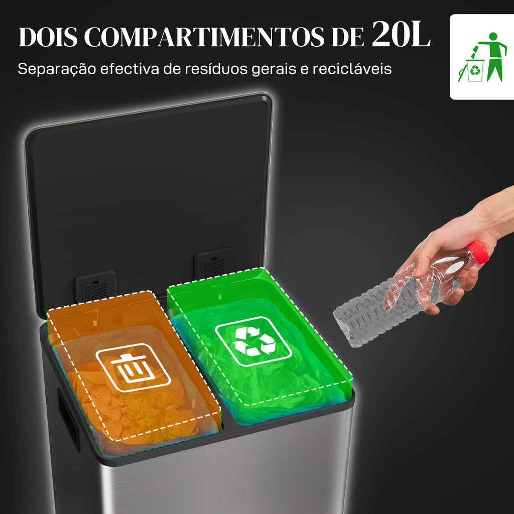Balde de Lixo de Cozinha com 2 Compartimentos 2x20L Cubo de Lixo de Aço Inoxidável com Pedal Fechamento Suave e Cubo Amovível para Escritório Cozinha Prata — foto 4