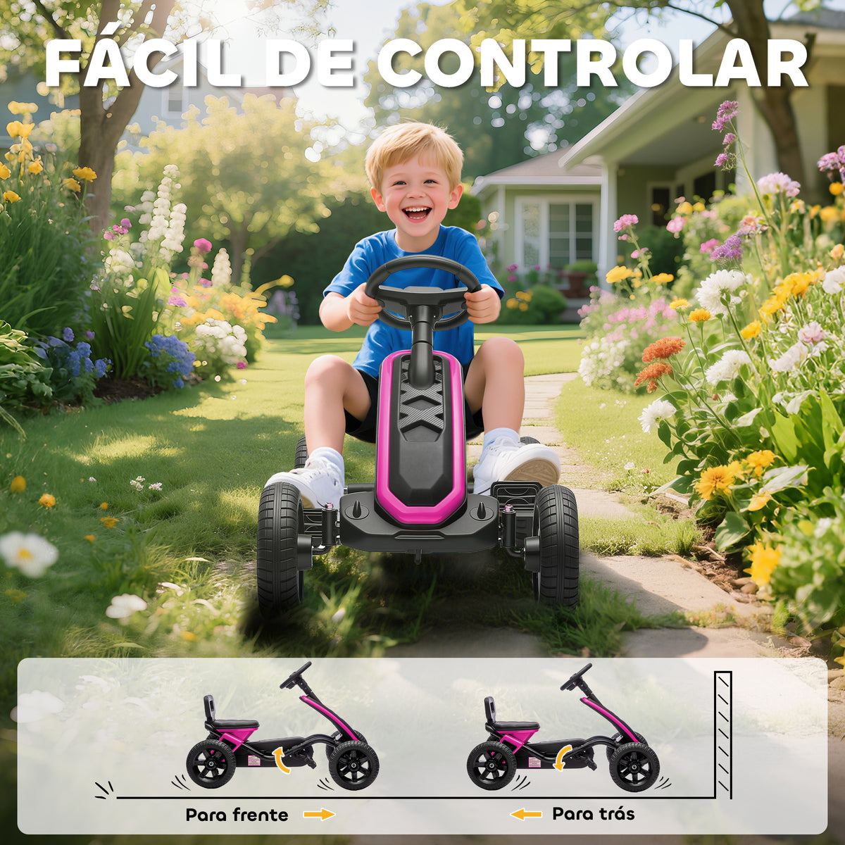 Kart Pedais Kart com Rodas Antiderrapantes de EVA Estrutura Metálica Carga 30 kg para Crianças de 2-5 Anos 85,5x49x57 cm Rosa — foto 5