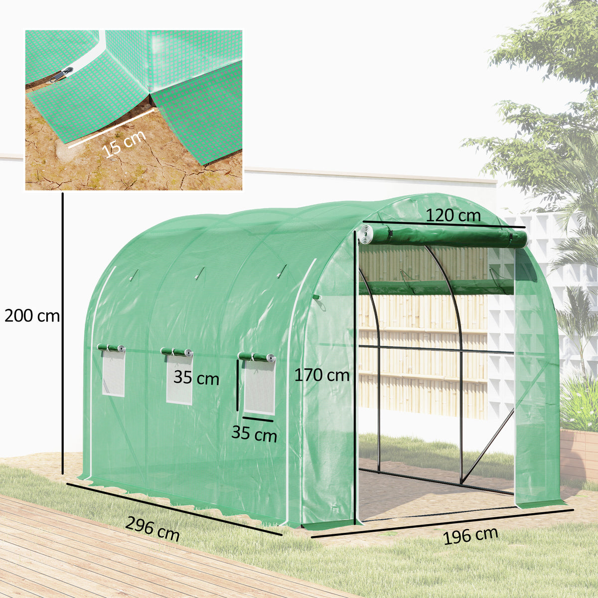 Estufa Tipo Túnel 296x196x200 cm Estufa de Jardim com 3 Portas e 6 Janelas Enroláveis Estufa com Teto Curvo para Cultivo de Plantas Flores Verde — foto 3