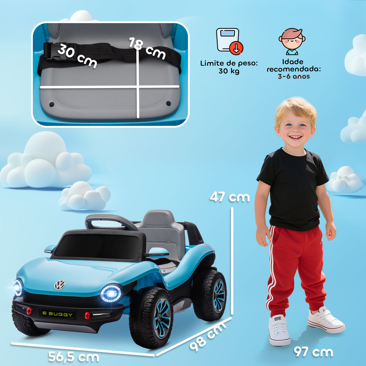 Carro Elétrico para Crianças acima de 3 Anos Volkswagen E-Buggy Bateria 12V com Controlo Remoto 2,4 G Rodas com Suspensão Faróis LED Música USB e Motor Duplo 98x56,5x47 cm Azul — foto 3