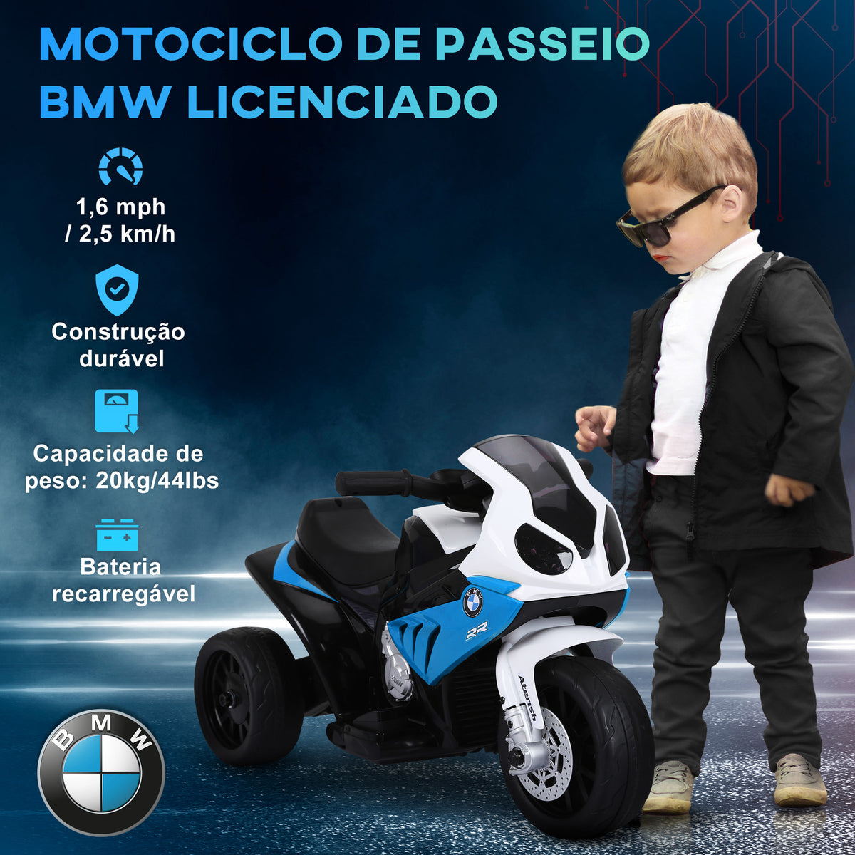 Mota Elétrica BMW para Crianças entre 18-36 Meses 6V com Faróis Música e Velocidade Máx. de 2,5 km/h 66x37x44 cm Azul — foto 5