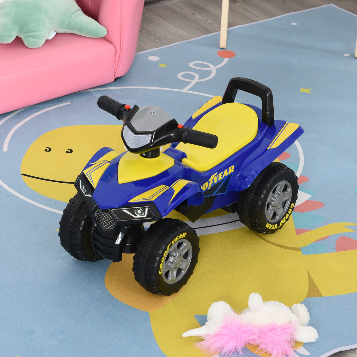 Quad Andador com Licença GOODYEAR para Crianças de 18-36 Meses Moto Quádrupla com Luzes, Buzina e Espaço Secreto de Armazenamento 60x31x42 cm Azul — foto 2