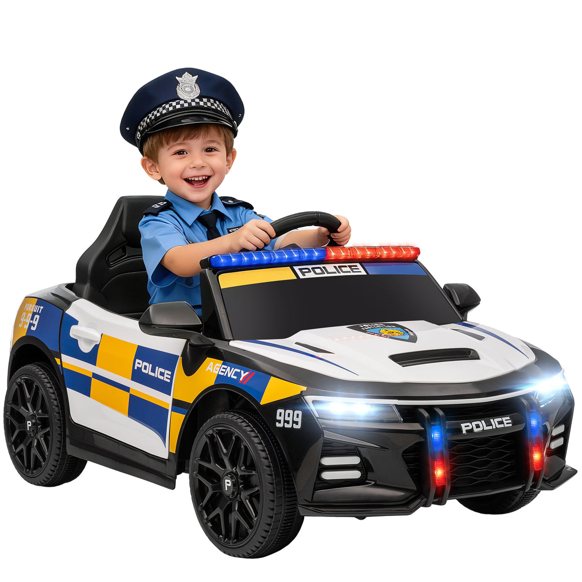 Carro Elétrico Infantil Modelo Policial 12V com Comando a Distância 2,4 Luzes Sirene Música USB e Suspensão 96x60x45 cm Multicor — foto 1