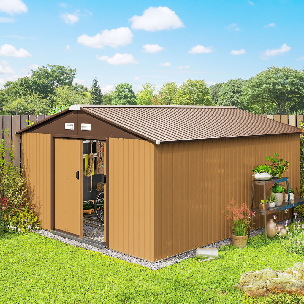 Abrigo de Jardim Metálico 340x386x200cm Abrigo de Exterior para Armazenamento de Ferramentas com Base de Reforço Incluida 4 Janelas de Ventilação e Porta Corredeira Marrom — foto 2