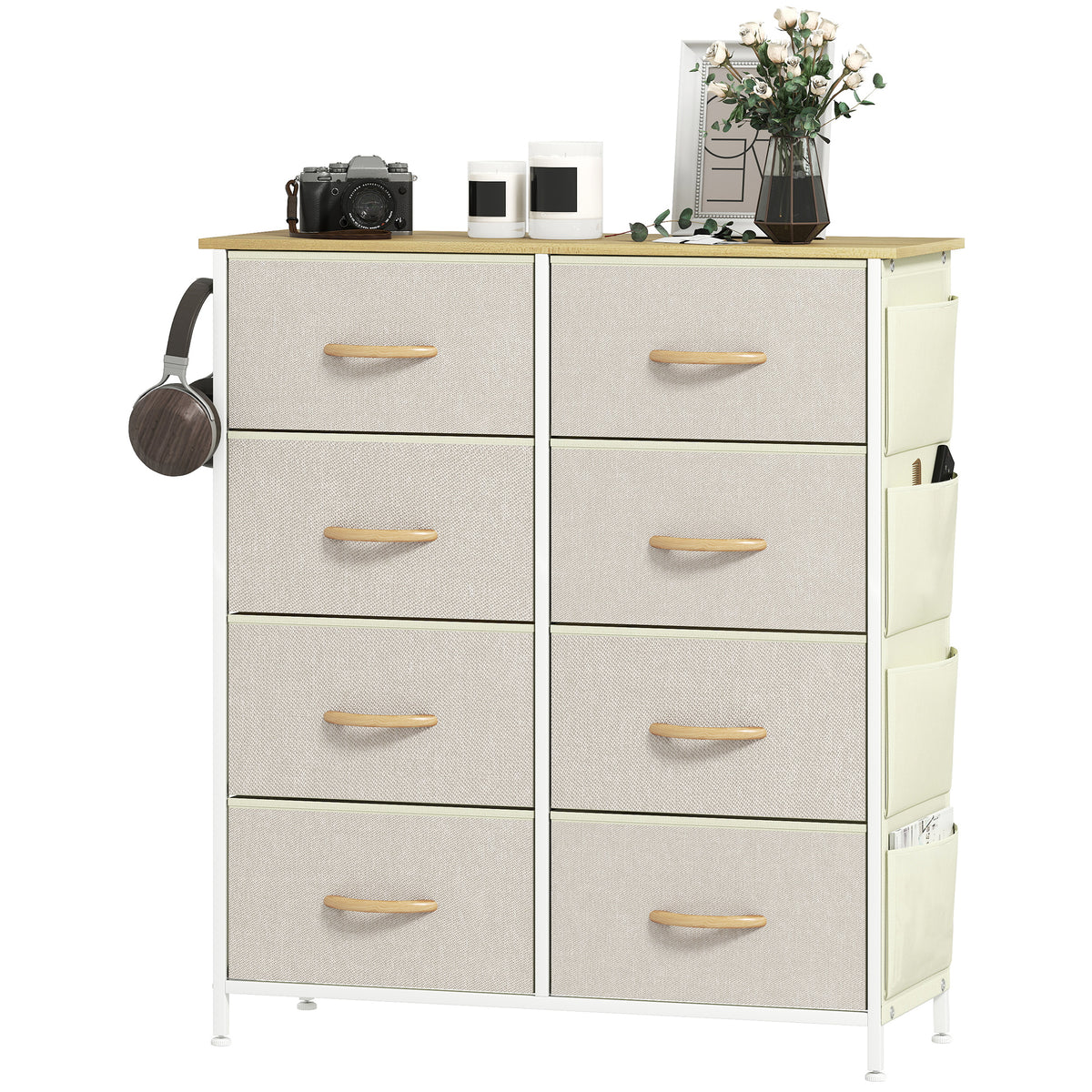 Cómoda Alta de Tecido com 8 Gavetas 4 Bolsos Laterais 2 Ganchos e Estrutura de Aço Cómoda para Quarto Sala de Estar Corredor 86x30x94,5 cm Bege — foto 1