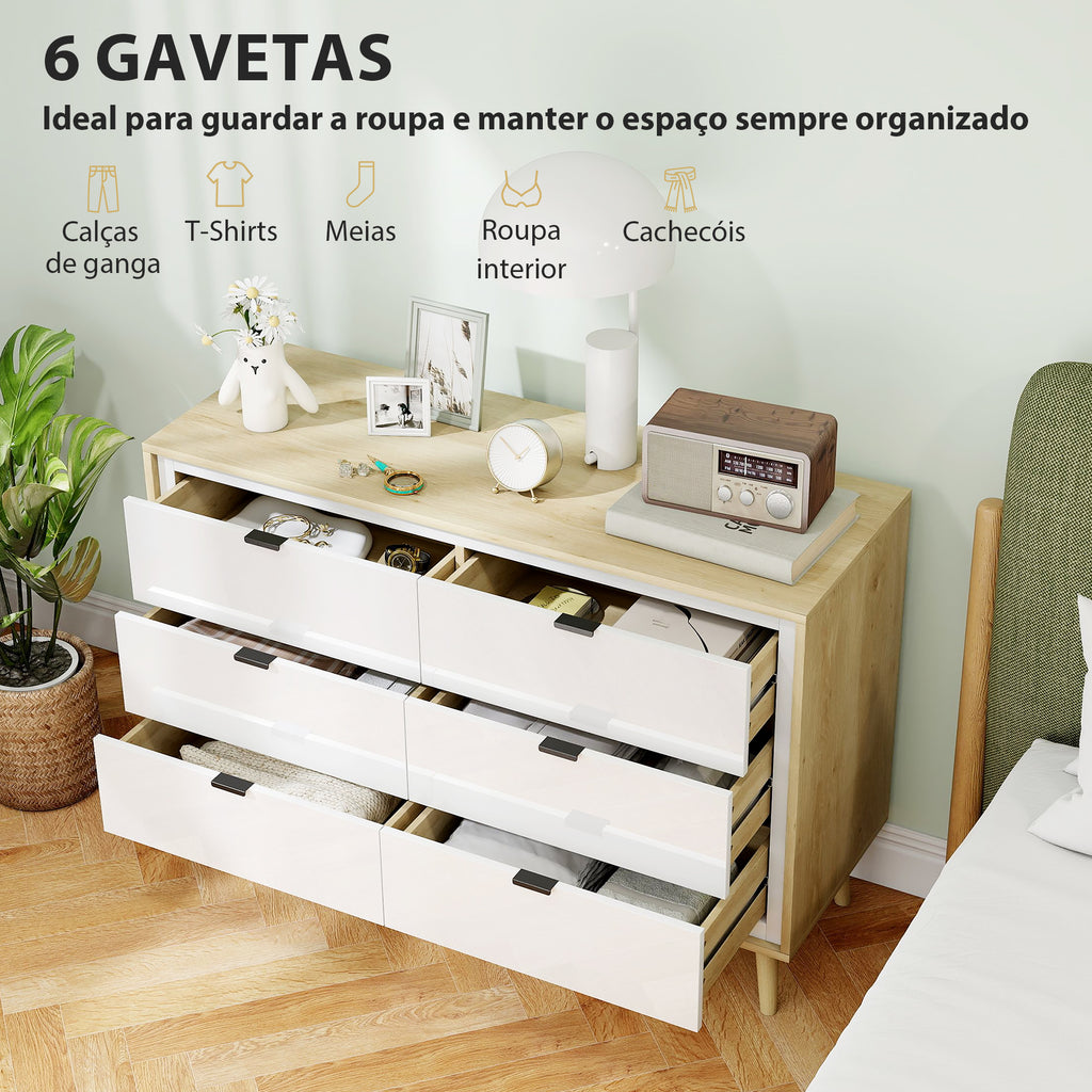 Cómoda 6 Gavetas Cómoda Quarto com Pernas de Madeira Cómoda para Sala Escritório Estilo Moderno 110x40x75 cm Branco Brilhante e Carvalho — foto 4
