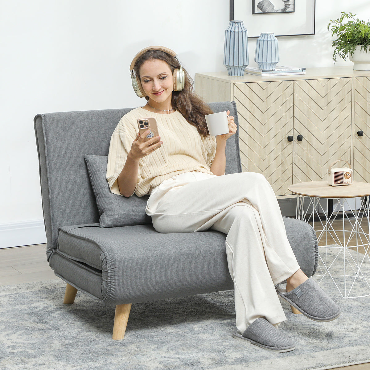 Poltrona 2 em 1 Sofá Cama Individual Dobrável com Encosto Ajustável e Almofada para Sala de Estar Dormitório Escritório Carga 125 kg 90x78x79 cm Cinza — foto 2
