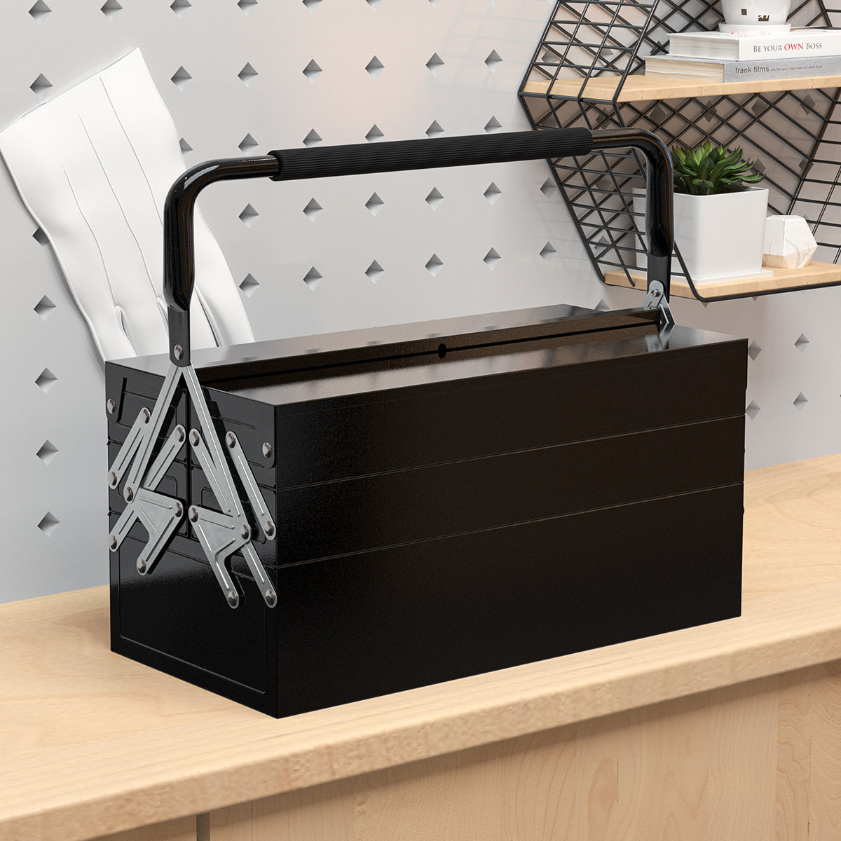 Caixa de Ferramentas de Aço Dobrável com 5 Compartimentos Mala de Ferramentas com Pega para Oficina e Casa 45x20x34,5 cm Preto — foto 2