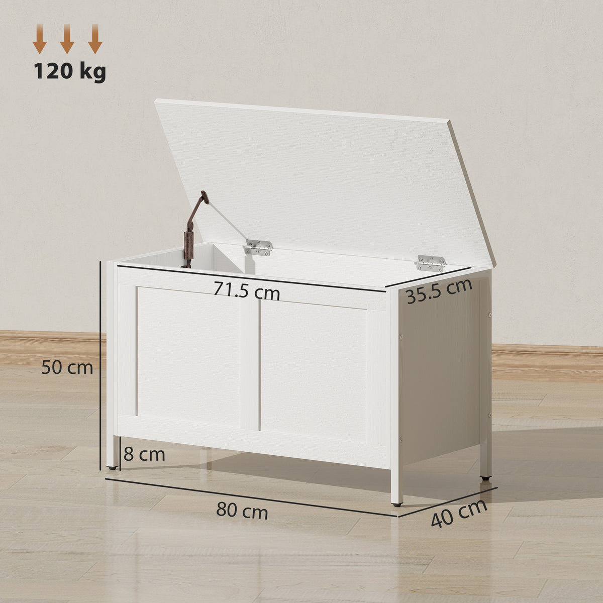 Baú de Armazenamento para Dormitório 95L Baú de Arrumação com Tampa Banco de Armazenamento Versátil com Dobradiça de Segurança para Corredor Sala de Estar 80x40x50 cm Branco — foto 3