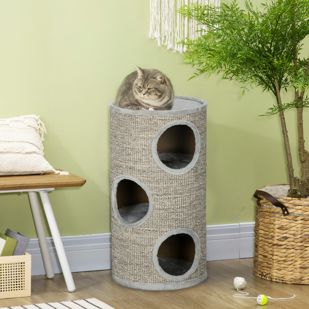 Barril para Arranhar Gatos de 3 níveis Torre para Arranhar Gatos com 3 Entradas e Tampa em Sisal Ø38x70 cm Cinzento Claro — foto 2