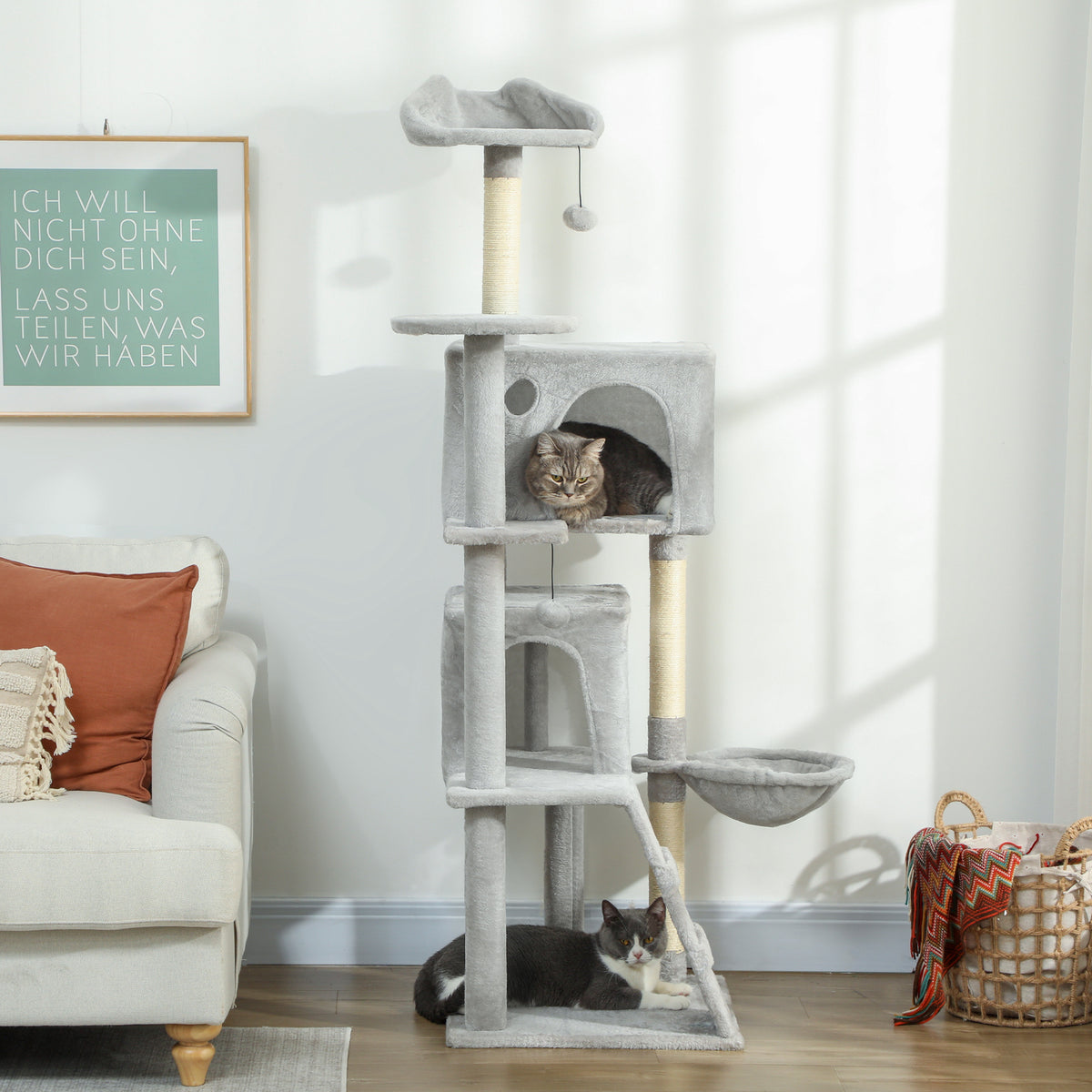 Arranhador para Gatos 160 cm Torre de Escalada com Múltiplas Plataformas Cama 2 Cavernas Rede Escada Postes de Sisal Bolas para Brincar Cinzento Claro — foto 2