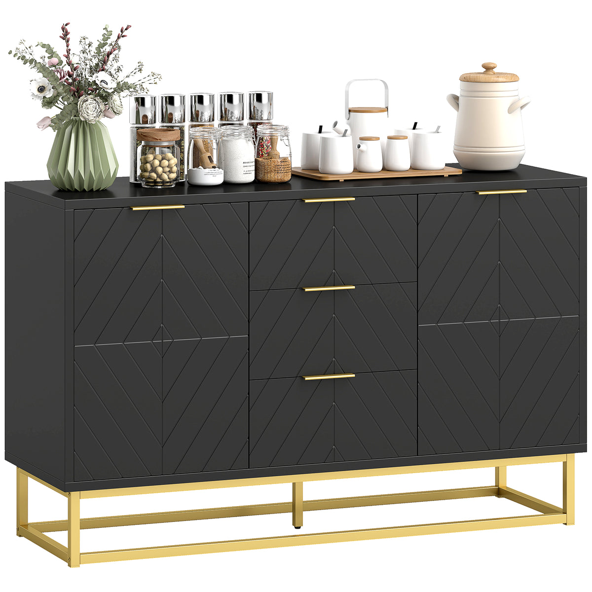 Aparador Auxiliar Armário de Armazenamento com 3 Gavetas e 2 Armários com Porta Prateleira Ajustável para Sala de Estar Cozinha 120x40x76 cm Preto — foto 1