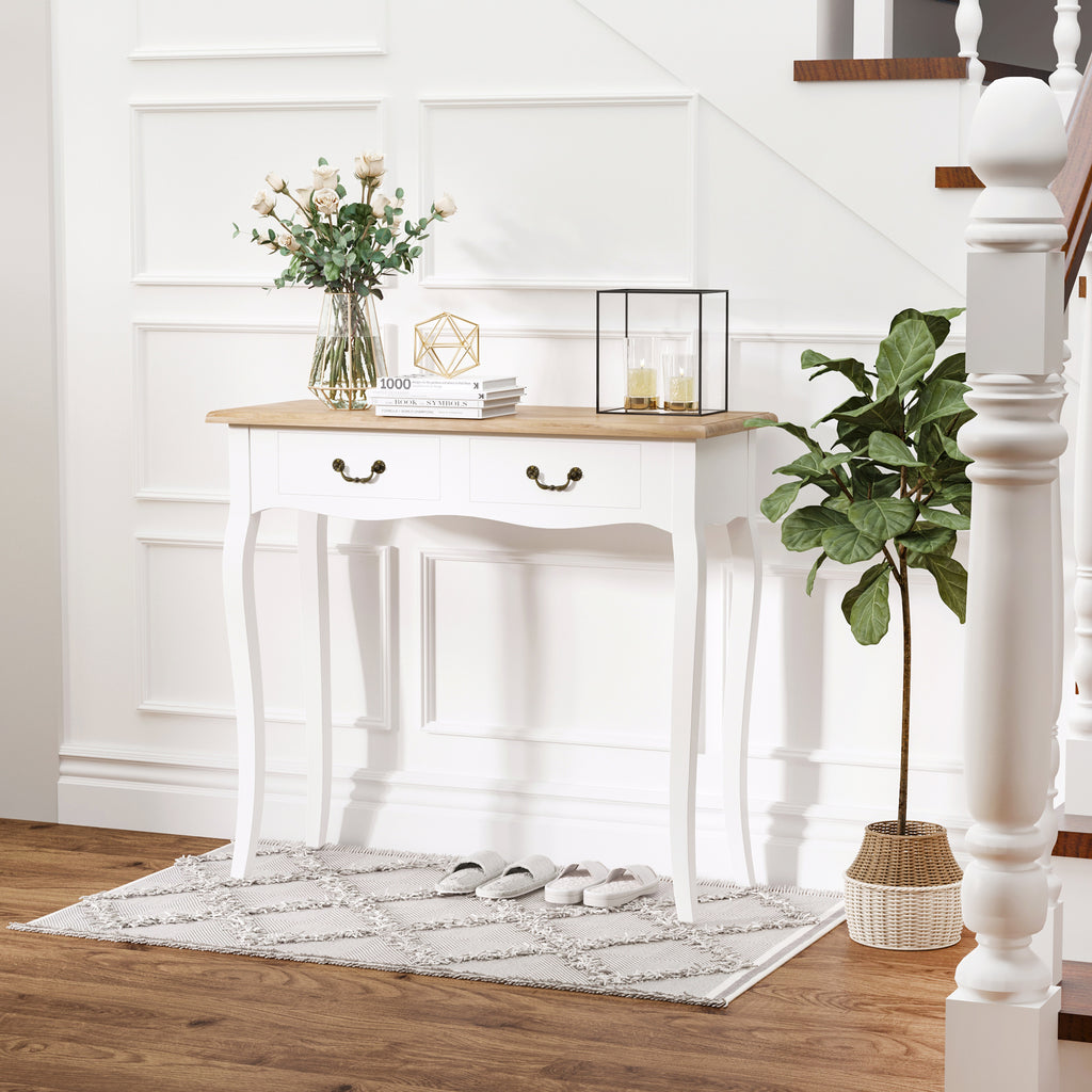 Mesa Consola Mesa Auxiliar com 2 Gavetas para Entrada Corredor Sala de Estar 87x34x78,5cm Branco e Madeira — foto 2
