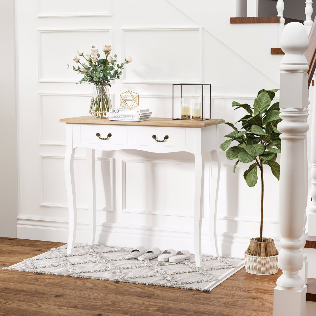 Mesa Consola Mesa Auxiliar com 2 Gavetas para Entrada Corredor Sala de Estar 87x34x78,5cm Branco e Madeira — foto 2