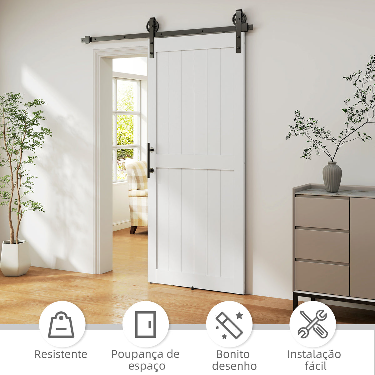 Porta de Correr Celeiro com Ferragens Porta Corredera de Interior com Puxador Rolo e Guia de Chão para Casa de Banho Sala de Estar 91,5x213,4 cm Branco — foto 5