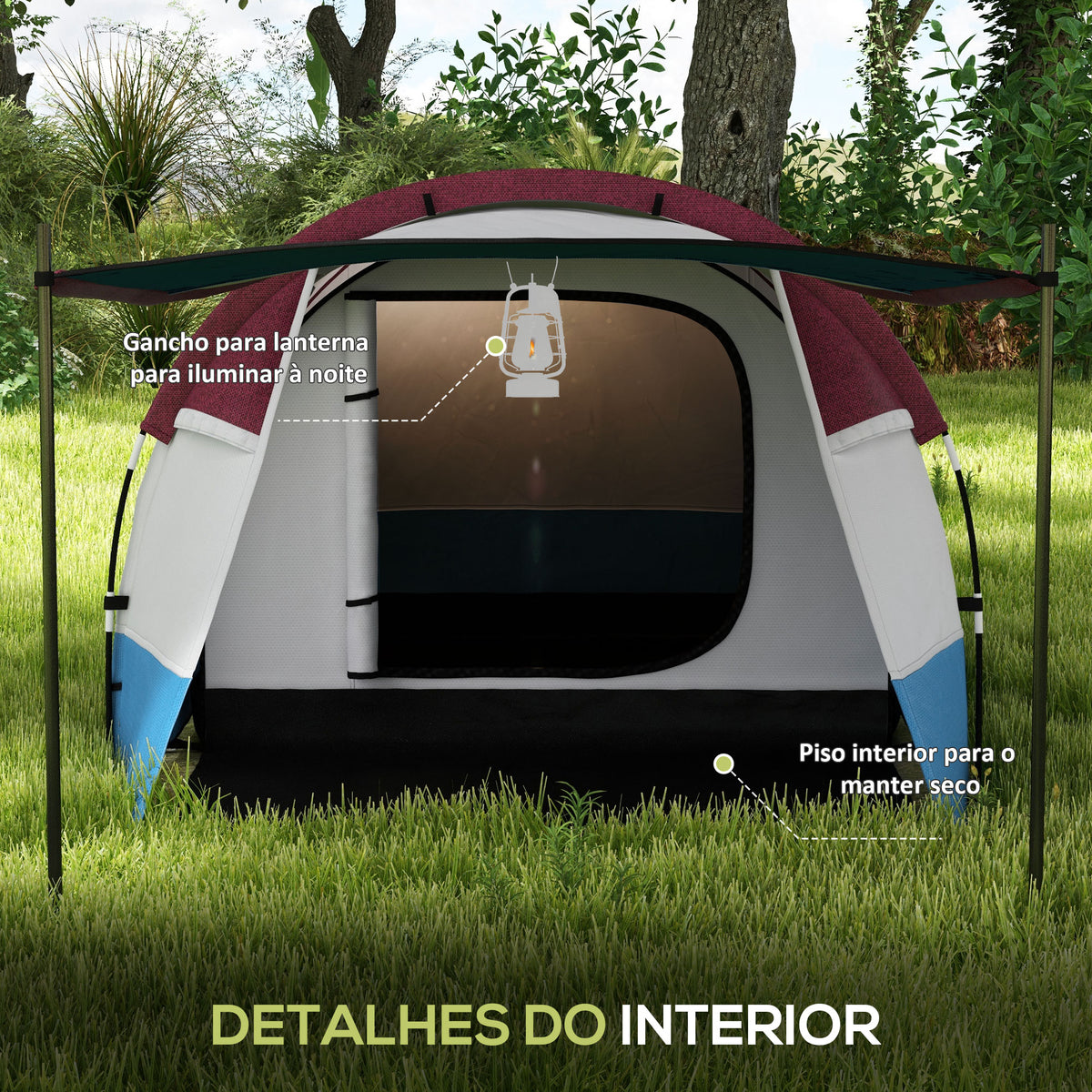 Tenda de Campismo Familiar para 3 Pessoas Tenda de Campismo Dobrável Leve com 2 Divisões Bolsa de Transporte Impermeável 2000 mm para Praia e Caminhadas 420x200x150 cm Azul Claro e Vermelho — foto 6
