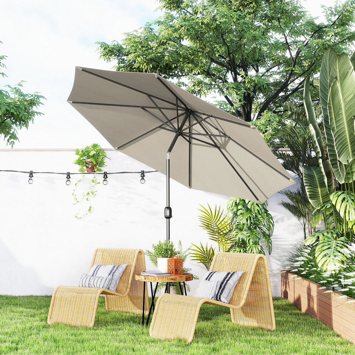 Chapéu de Sol de Jardim Ø295x250 cm com Manivela Chapéu de Sol Exterior com Mecanismo de Inclinação e Mastro Desmontável de Metal para Terraço Piscina Pátio Cinza — foto 2
