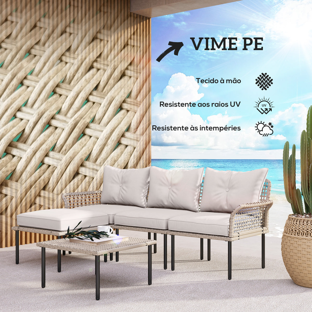 Conjunto de Jardim em Vime Sintético Conjunto de Móveis de Exterior com Sofá de 4 Módulos 1 Mesa de Centro e Almofadas Creme — foto 4