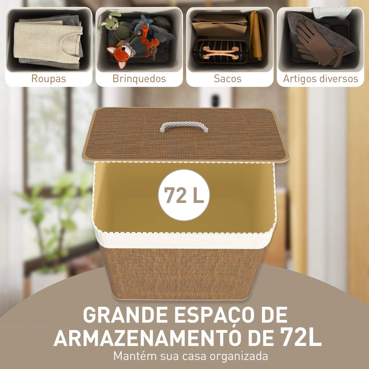 Cesto de Roupa com Tampa 72L Cesto de Roupa de Bambu com Bolsa Interior Removível e Alças para Lavandaria Dormitório 40x30x60 cm Madeira e Creme — foto 4