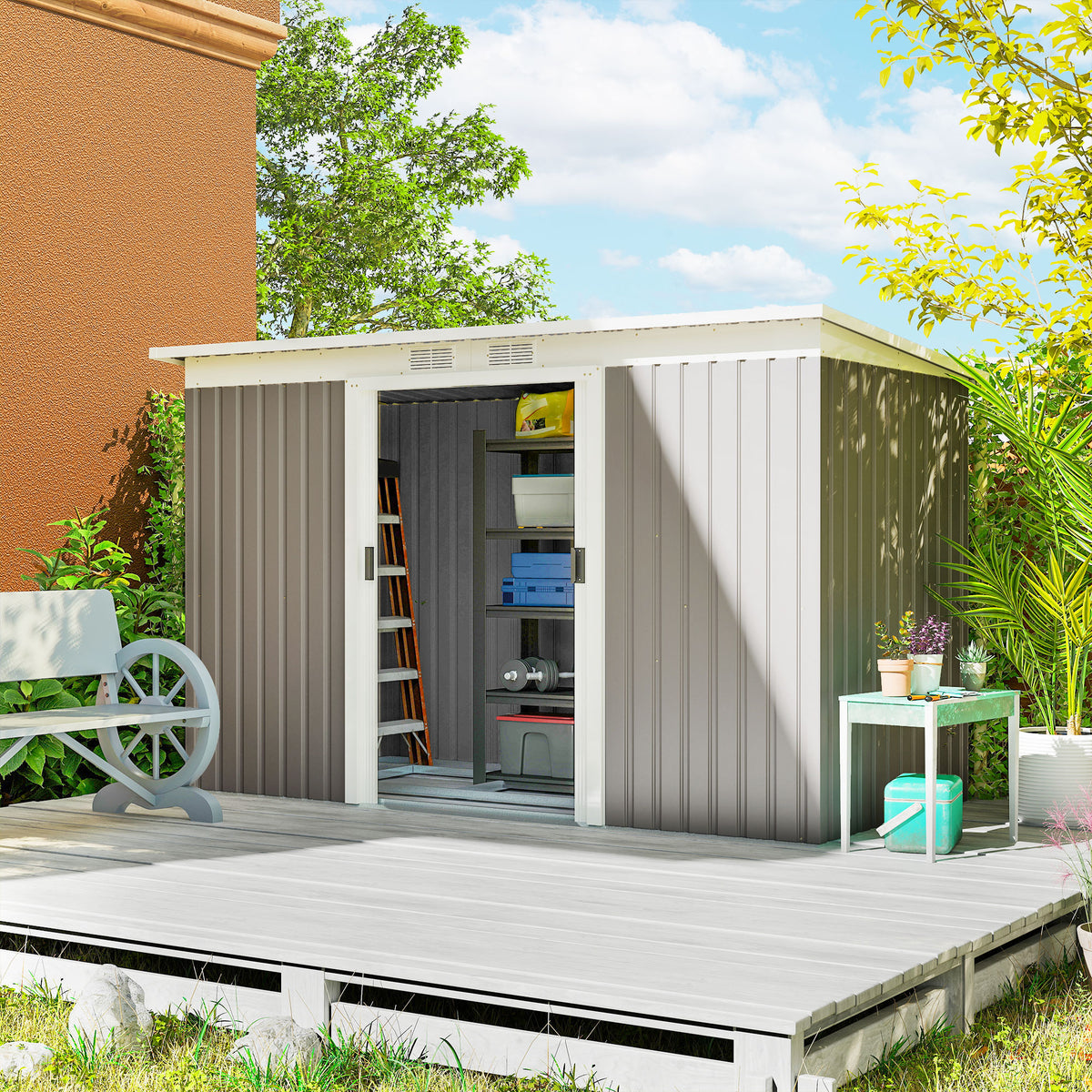 Abrigo de Jardim 280x130x172 cm Abrigo de Exterior de Aço Galvanizado com Porta Corredeira e Ventilações para Armazenamento de Ferramentas Cinza — foto 2