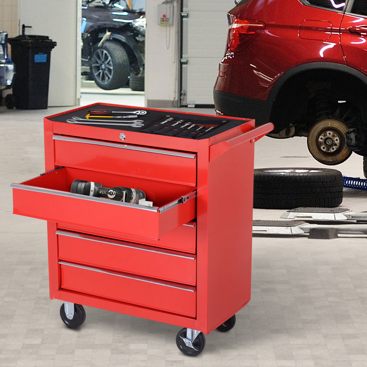 Carrinho de Ferramentas com 5 Gavetas Rodas Trava Armário de Armazenamento para Oficina de Garagem e Chapa de Aço 69x33x75 cm Vermelho — foto 2