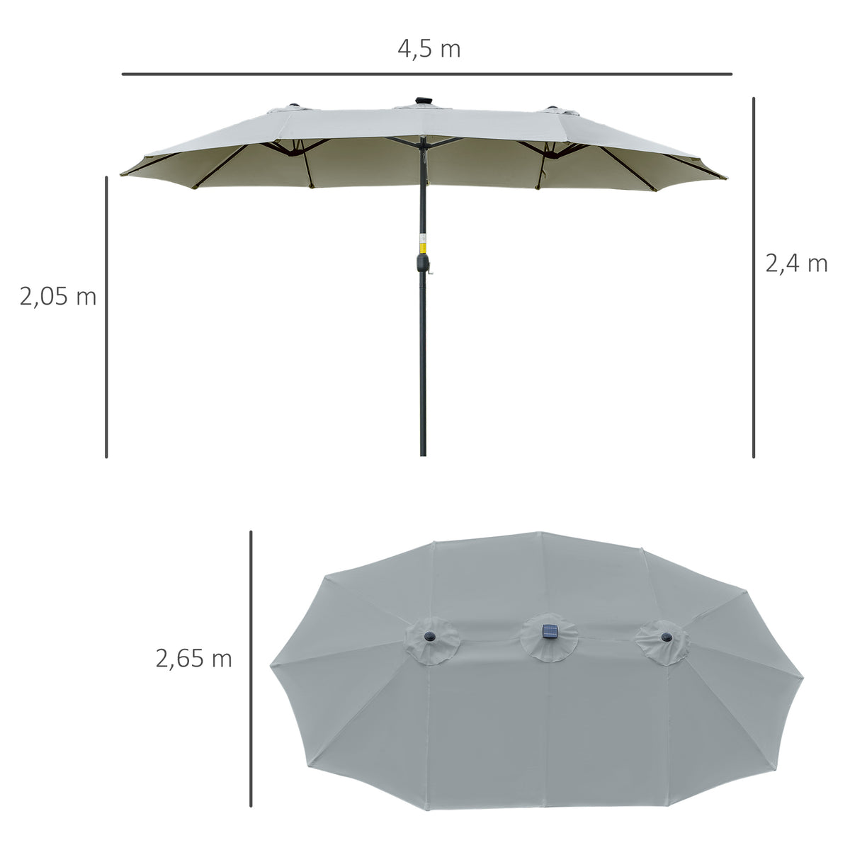 Chapéu de Sol Duplo de Jardim com 48 Luzes LED Solar 450x265x240cm Chapéu de Sol de Exterior com Manivela Proteção Solar para Terraço Balcão Piscina Cinza Claro — foto 3