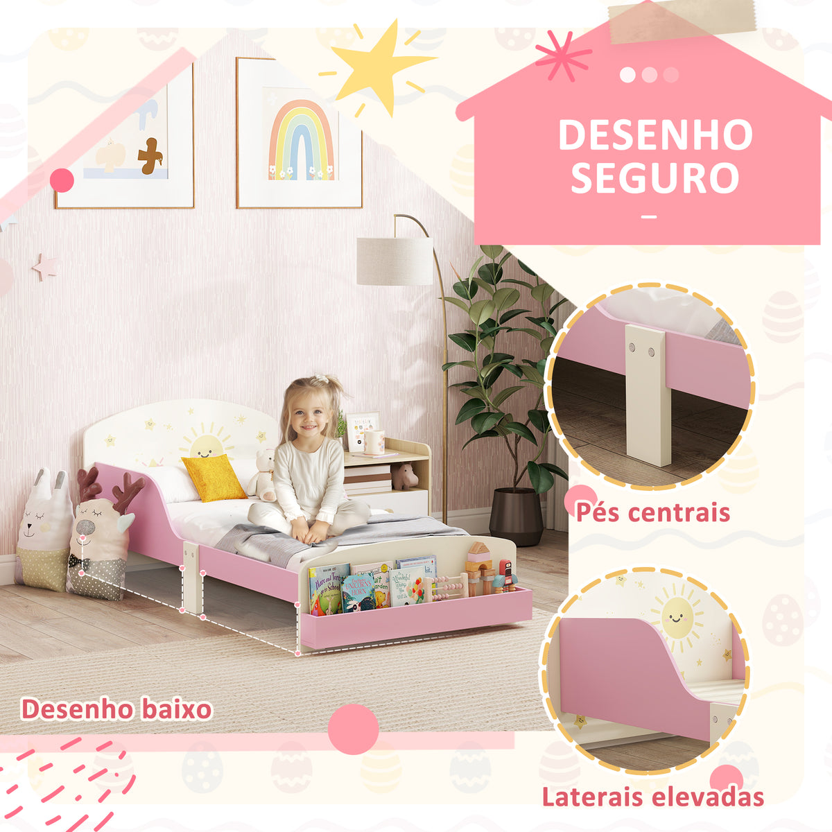 Cama Infantil 70x140 cm em Madeira com Armazenamento Proteção Antiqueda e Desenhos de Estrelas para Dormitório Rosa — foto 4